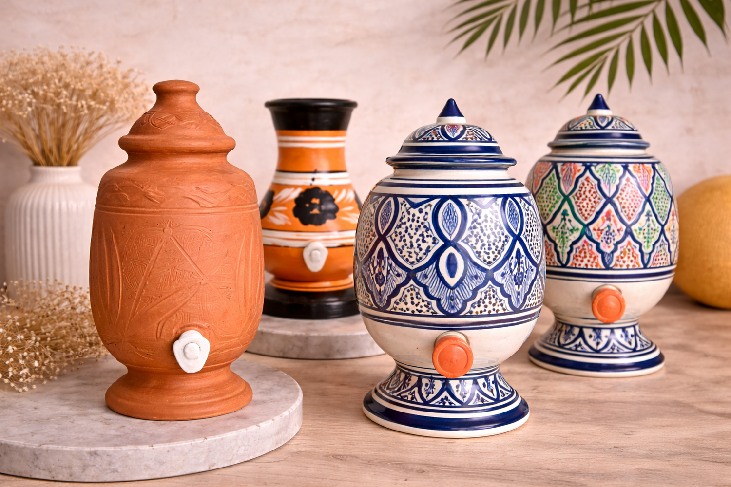 Jarres en terre cuite artisanales peintes à la main, poterie marocaine traditionnelle, collection Atelier Amar